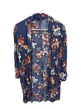 Pink Clover Navy Floral Open-Front Kimono Duster Medium